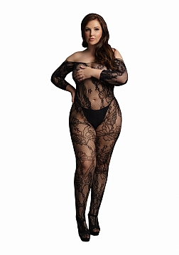 Lace Sleeved Bodystocking - Black - OSX