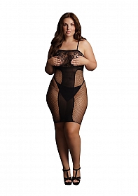 Knee-Length Lace and Fishnet Dress  - Black  - OSX