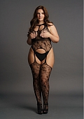 Lace Suspender Bodystocking with Round Neck - Plus Size