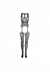 Lace Suspender Bodystocking with Round Neck - One Size