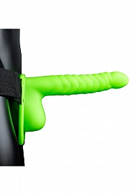 Glow in the Dark Ribbed Hollow Strap-On with Balls - 8" / 21 cm