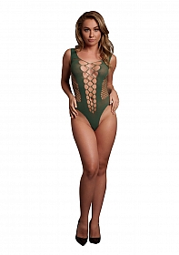 V-Neck Teddy with Opaque Panels - One Size - Midnight Green