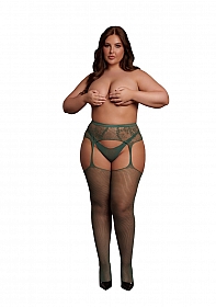 Fishnet/Lace Garter Stockings - Queen Size - Midnight Green