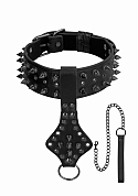 Ouch! Skulls and Bones - Neck Chain with Spikes and Leash - Blac
