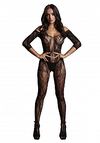 Lace Sleeved Bodystocking - Black - O/S