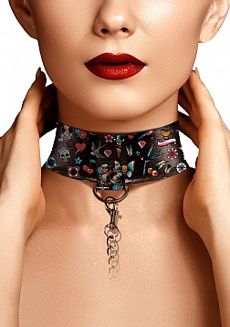 Printed Collar With Leash - Old School Tattoo Style - Black